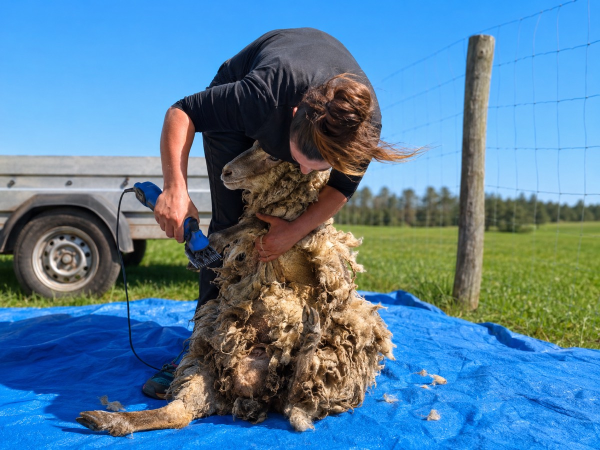 Žaneta shearing a sheep on the farm